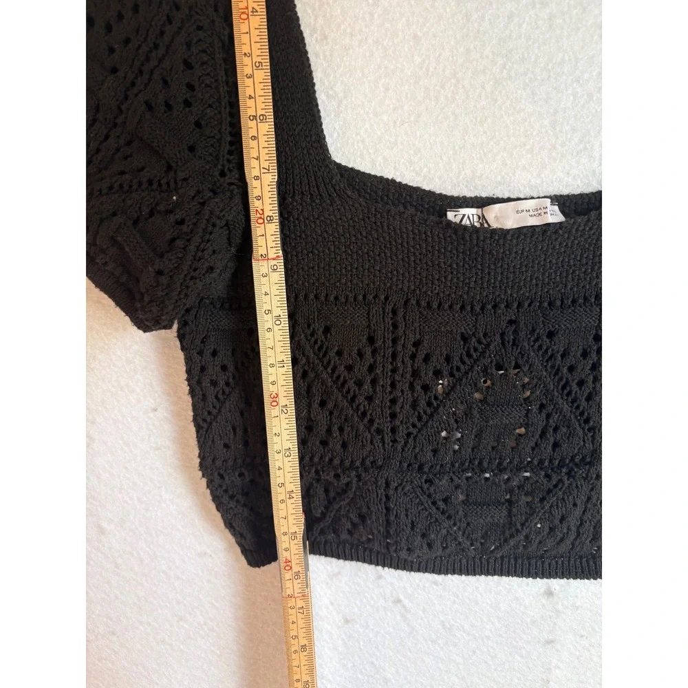 Zara Black Pointelle Knit Crop Top Square Neck Short Puff Sleeve NWT Size M